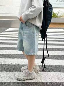 幼儿时尚休闲复古街头宽松舒适透气蓝色牛仔短裤，适合日常穿着、春夏嘉年华和街头穿着。 - 藍色 - View 4