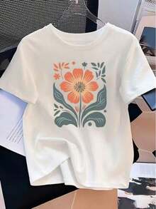 Camiseta de algodón transpirable Camiseta de algodón transpirable Camiseta Casual para Mujer, Top Deportivo de Manga Corta para Uso Diario, Camiseta Estampada con Diseño Vintage de Flor Naranja y Follaje Verde, Ideal para Ir de Vacaciones, ropa deportiva de mujer, blusas para mujer - Blanco - Ver 6