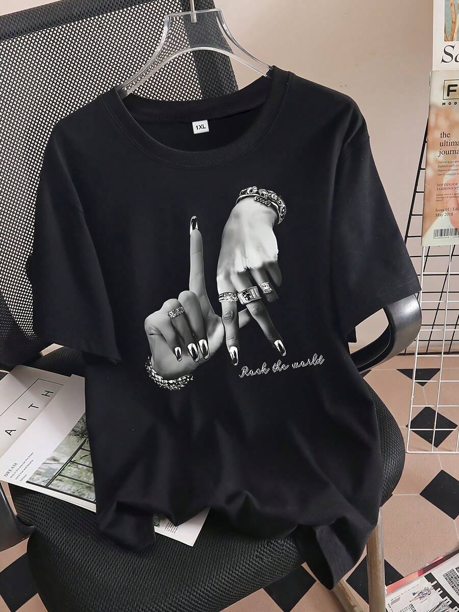 Camiseta de Mujer Talla Grande - Camiseta con Estampado de Letras, Manga Corta, Cuello Redondo, Estilo Casual para Verano y Primavera, Ropa de Mujer Talla Grande, Camisetas para Salir de Noche para Mujer - Negro - Ver 1