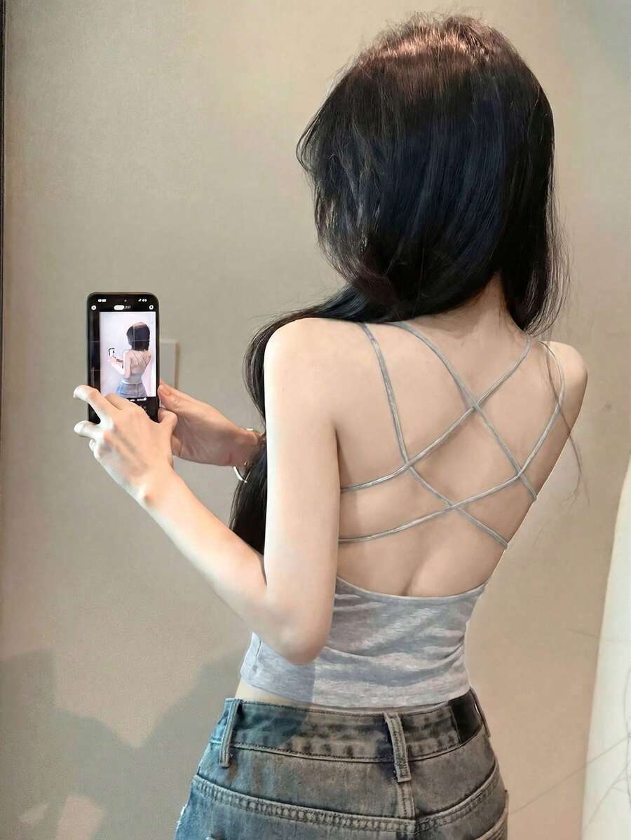 女士无袖吊带背心,带胸垫,褶皱设计适合小胸,休闲甜美风,夏季新品 - 花灰色 - 查看 1