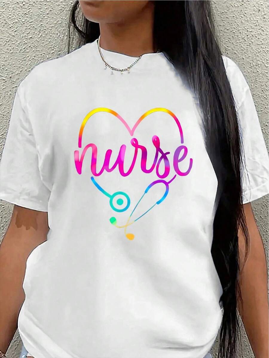 Polyester Fiber Nurse T-Shirt With Rainbow Heart And Stethoscope Design, Lightweight And Durable, Specially Designed For Medical Personnel, Suitable For Hospitals, Clinics, Or As A Nursing Work Uniform. Women's Blouses > Clothing - 白色 - 查看 1