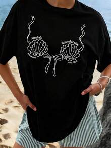 Women's Tropical Shell Print Casual T-Shirt - High Elasticity Top,Summer Beachwear, All-Season Comfortable Fit, Vacation Outfits For Women - 黑色1 - 查看 1