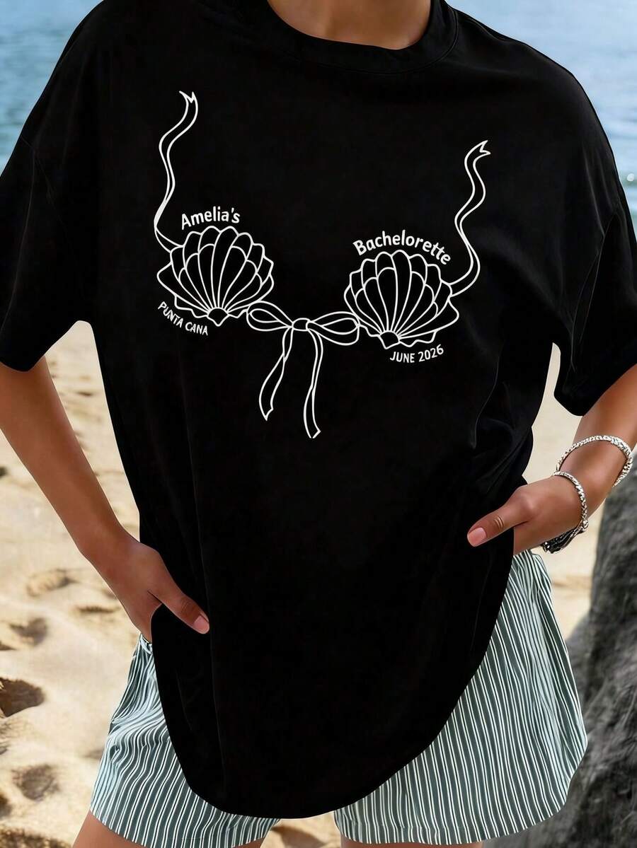 Women's Tropical Shell Print Casual T-Shirt - High Elasticity Top,Summer Beachwear, All-Season Comfortable Fit, Vacation Outfits For Women - 黑色1 - 查看 1