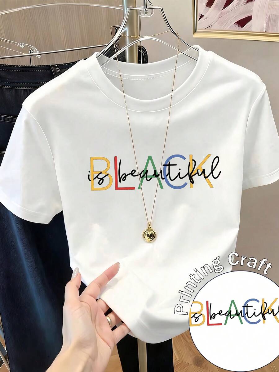 Women's Casual Shirt Print T-Shirt, Short Sleeve And Round Neck, Local Spring/Summer Urban Fashion. - 白色 - 查看 1