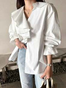 Blusa suelta con escote en V, volantes y parches elegante - Negro - Ver 6