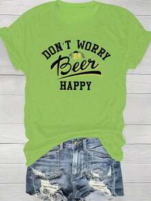 Women's Casual T-Shirt, Printed With The Words "Don't Worry, Beer Is Fun", Round Neck, Short Sleeve, Regular Length, Knit Top For All Seasons - 白色 - 查看 8