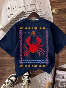 Camiseta con Estampado de Cangrejo "Out Of Office", Camiseta Casual de Manga Corta con Cuello Redondo para Mujer, Ropa de Playa para Vacaciones de Verano - Azul Marino - Ver 2