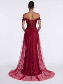 LOVE&LEMONADE Wine Red Elegant Off-Shoulder Flowing Mesh Patchwork Backless Criss-Cross Tie Mermaid Long Wedding Dress - Burgundy - View 6