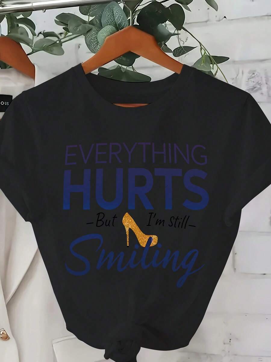 Talla Grande, Camiseta Casual de Moda Estampada para Mujer 0-8XL, Capa Base de , Uso Diario, Personalidad, Todo el Año, Ajuste Cómodo, Letras, Divertida Camiseta de Mujer "Todo Me Duele, Tengo Hambre", Cuello Redondo Manga Corta, Verano Mezcla de Poliéster, Camiseta de Ajuste Regular con - Negro - Ver 1