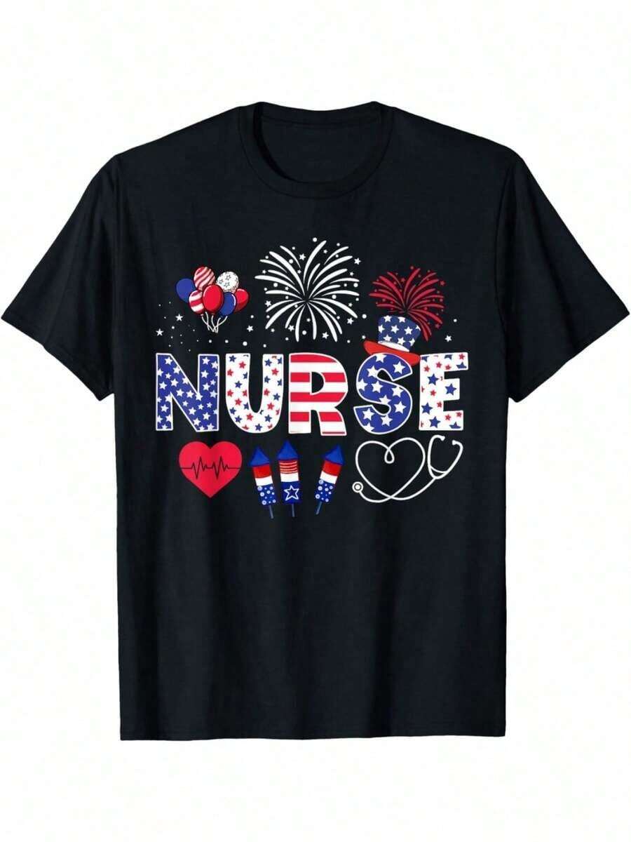 Nurse T-Shirt With Flag And Star Design, Unisex, Loose Fit, Casual Shirt For 4th Of July, Christmas, Veterans Day, Graduation Gifts For Nurses And Healthcare Workers, Year-Round Wear - 黑色 - 查看 1