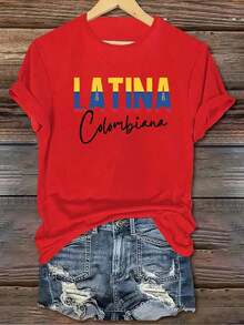 1 camiseta de manga corta con cuello redondo, estilo casual y a la moda, con estampado de letras estilo bandera colombiana, adecuada para uso diario, transpirable y cómoda. - Blanco - Ver 8