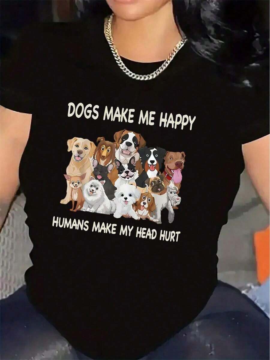 Under The Radar Women's Short Sleeve T-Shirt, Polyester Fabric, Dog Lover Graphic Design, Lightweight And Durable, Perfect For Home, Cafes Or Casual Outings, Features A "Dogs Make Me Happy" Print With Adorable Dog Faces - Unisex Loose Fit Cotton Short Sleeve Crew Neck T-Shirt, Urban Vintage Style. - 黑色 - 查看 1