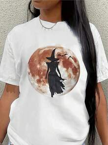 Camiseta de manga corta de poliéster con diseño de bruja y luna llena, ligera y duradera, adecuada para fiestas de Halloween, uso diario o decoración del hogar, disponible en varios colores, talla para adultos.blusa casual mujer - Blanco - Ver 1