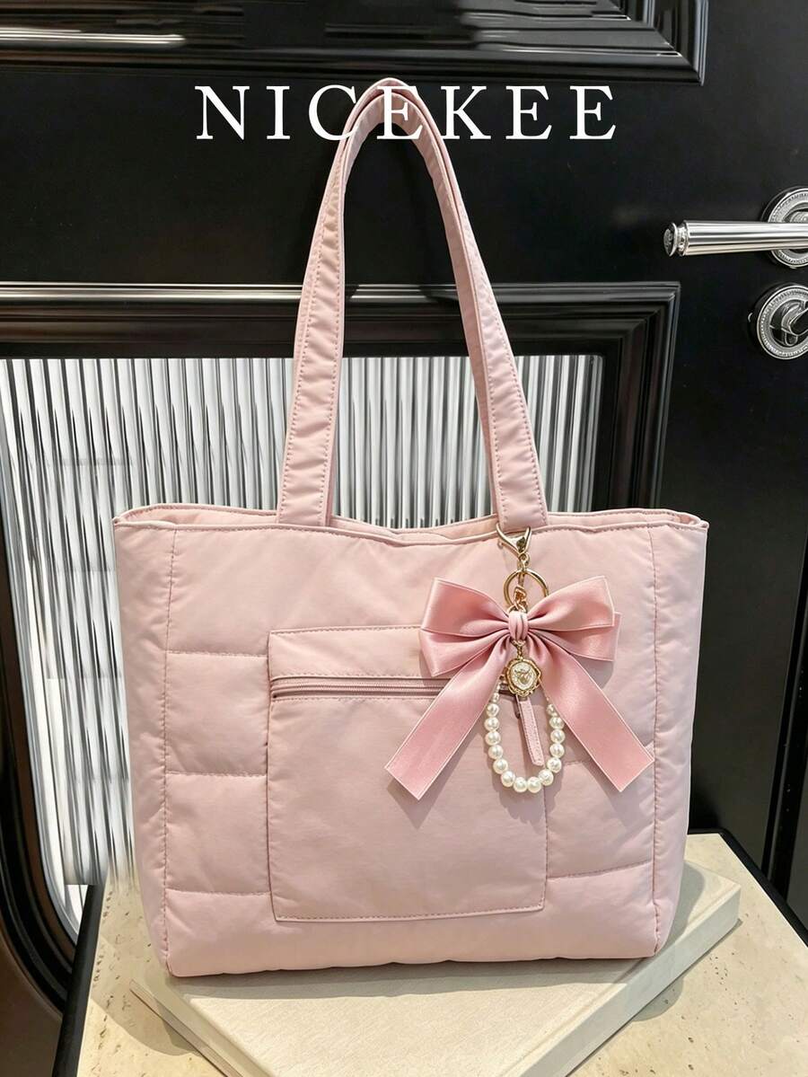 Simple Solid Color New Popular Quilted Tote Bag In Spring And Summer, Lightweight, Practical And Large Capacity With Body Patch Pockets, Shoulder Bag, Zipper Switch, Double Shoulder Straps, High-Value Armpit Bag, Suitable For Commuting To Work, School, Class, Shopping And Storage