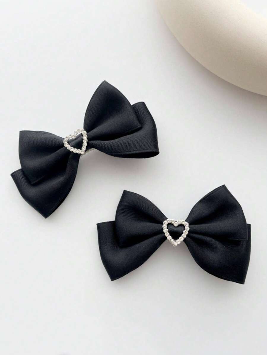2pcs/Set Women's Black Heart-Shaped Bow Hair Clips, Wedding Music Festival Bow Hair Accessories - Black - View 1