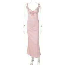 New Satin Maxi Dress, V-Neck With Drawstring, Sleeveless, Sensual Style - 粉色 - 查看 8