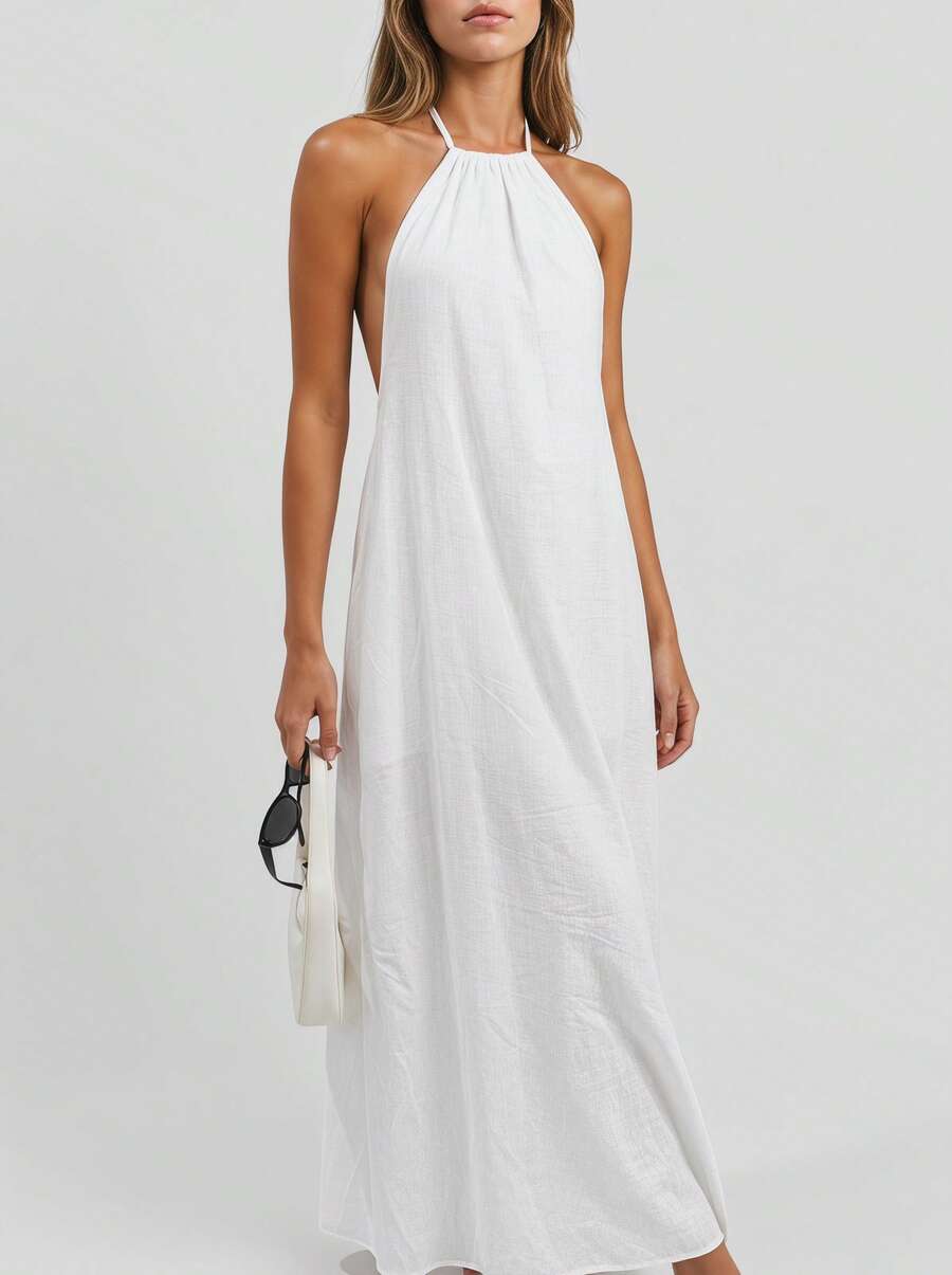 Sedessea Women's Elegant White Spaghetti Strap Lace-Up A-Line Dress, Linen Fabric Summer