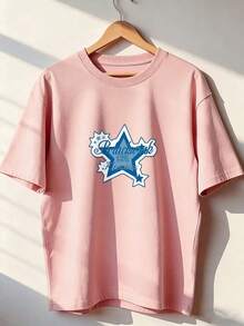 Blue Star T-Shirt With Printed Text, Fashionable Short-Sleeved T-Shirt For Spring And Summer 2026, Made In Mexico, 180 Grams. Cartoon Print, Couple Design, Suitable For Indoor Or Outdoor Wear. Crew Neck, Unisex, Ideal For Office And Leisure. One-Pack. - PK-P631577SLNDXZGY643 - 查看 1