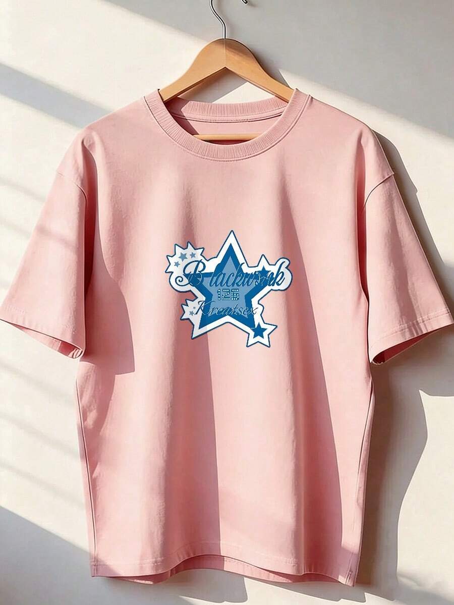 Blue Star T-Shirt With Printed Text, Fashionable Short-Sleeved T-Shirt For Spring And Summer 2026, Made In Mexico, 180 Grams. Cartoon Print, Couple Design, Suitable For Indoor Or Outdoor Wear. Crew Neck, Unisex, Ideal For Office And Leisure. One-Pack. - PK-P631577SLNDXZGY643 - 查看 1