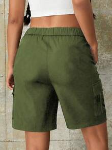 1 Peça Shorts Cargo Casual Solto para Adolescentes Femininas com Múltiplos Bolsos, Estilo Esportivo Chique, Shorts Utilitários para Uso Externo, Primavera/Verão - Verde Militar - Visão 3