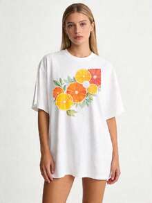 Premium Fruit Print 1-Piece Set, Plus Size, Unisex, 100% Cotton Crew Neck T-Shirt, Loose Fit, Basic Tee, Citrus Slices And Leaves Design, Suitable For Family And Couple Sets, Summer Wear, Gift For Friends And Family, . - 白色 - 查看 8