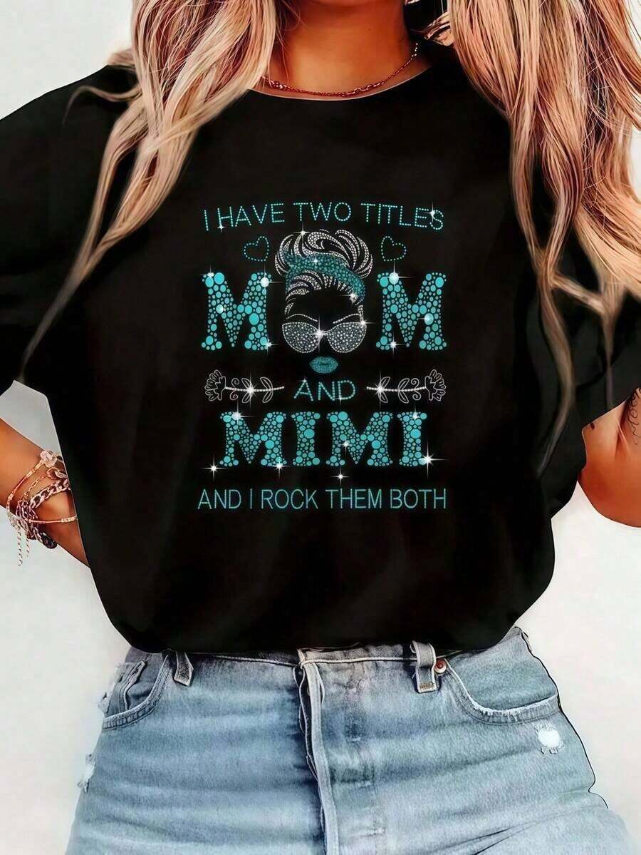 1 pieza de ropa para mujer, camiseta negra con estampado de mamá Mimi, camiseta unisex casual de cuello redondo, tela de punto ligera de 220 g/m², lavable a máquina, para primavera/verano/otoño, Día de la Madre, Navidad, Día de San Valentín, ropa de invierno para mujer. - Negro - Ver 1