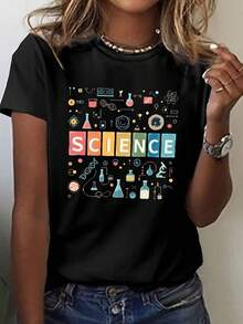 Camiseta de manga corta con estampado de laboratorio científico para mujer - Top casual de cuello redondo con elasticidad media, cómoda para todas las estaciones, moda de primavera, fácil de lavar a máquina, esencial para eventos con temática científica, camiseta estampada de ajuste cómodo, blusas para mujer - Negro - Ver 7