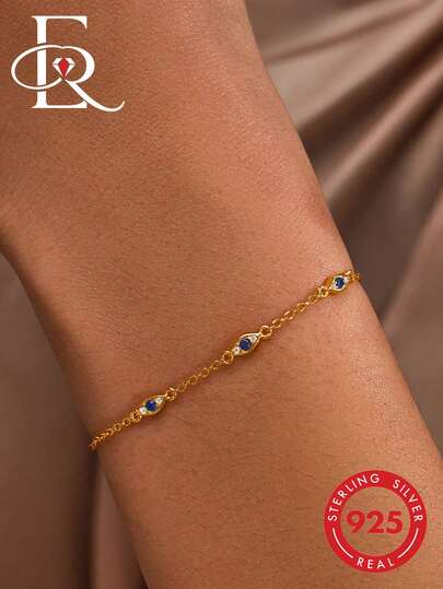 1pc 925 Sterling Silver Personalized Evil Eye Bracelet, 18K Gold Plated, Inlaid With Exquisite Cubic Zirconia, Adjustable Chain, Lobster Clasp, Elegant Jewelry, Gift For Women