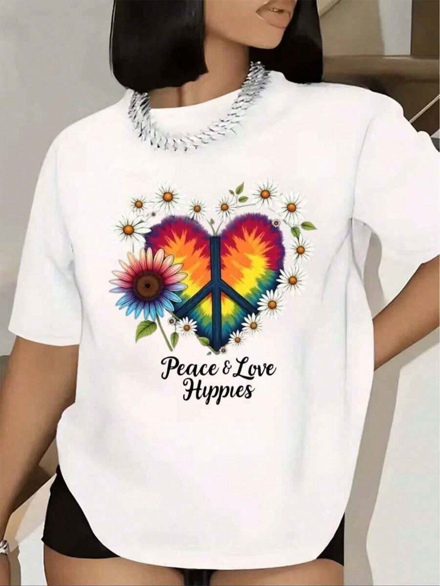 Women's T-Shirt With Heart And Flower Print, Hippie Style, Short Sleeve, Round Neck, Casual Summer Top, Basic Blouse For Women, Women's Blouse, Urban Style T-Shirt, Casual T-Shirt For Festivals And Daily Wear. - 白色 - 查看 1