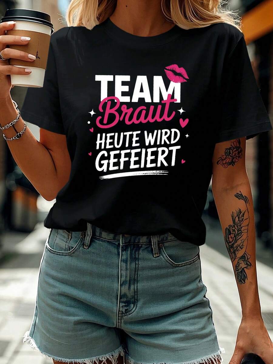 Women's "Braut" Wedding T-Shirt - Short Sleeve Round Neck Top Compatible With Blouse, Suitable For Parties, Spring/Summer Casual Wear, Machine Washable Letter Print Outfits For Bachelorette Parties And Everyday Wear (No-) - 黑色 - 查看 1