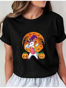 Camiseta Deportiva Casual para Mujer con Diseño Gráfico Colorido de Unicornio - Camiseta Negra Elástica y de Cuello Redondo, Lavable aáquina, Ajuste Cómodo para Todas las Estaciones, Ropa Casual Femenina. - Negro - Ver 6
