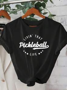 Camiseta Deportiva Casual para Mujer LIVIN' THAT Pickleball LIFE - Camiseta Negra de Manga Corta, Elástica y de Cuello Redondo, Lavable aáquina, Ajuste Cómodo para Todas las Estaciones, Ropa Casual Femenina. - Negro - Ver 6