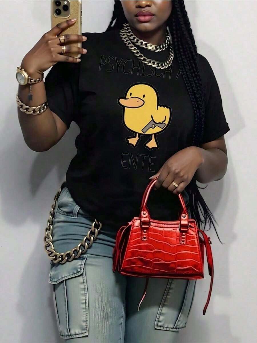 Camiseta Casual de Corte Holgado para Mujer, con Estampado Gráfico Novedoso y Divertido de Pato con Bolso, Resistente a la Decoloración, Versátil, Adecuada para Uso Diario y Deportivo, Opción de Regalo Ideal, 100% Algodón - Negro - Ver 1