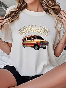 Camiseta de Mujer 2026, Casual, Cuello Redondo, Manga Corta, Opciones en Blanco y Negro, Estampado Gráfico Vanlife, Camisetas de Uso Diario de Verano, Tops de Verano, Camisetas Gráficas, Conjuntos de Verano, Camisetas Cortas de Mujer, Blusas para Mujer Casuales, Ropa Linda de Algodón Vintage para Mujer. - Blanco - Ver 1
