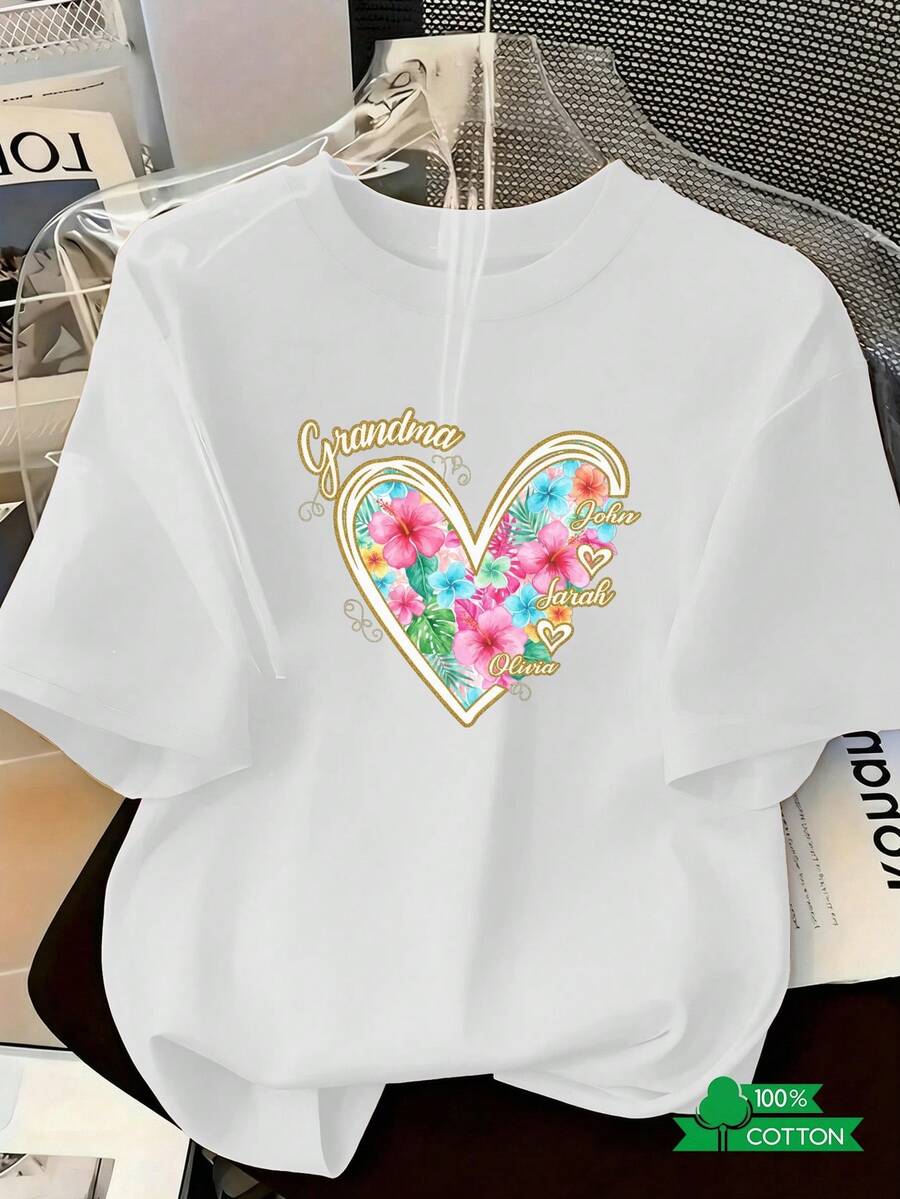 Women's Casual Blouse, Simple Style For Daily Wear, Round Neck T-Shirt With Letter And Anime Print, Simple Design, Comfortable And Breathable, Stylish And Versatile, Suitable For Sports And Leisure, A Summer Essential, Local Delivery, Tropical Flower Heart Print, Soft And Cozy, Short Sleeve Top For Daily Wear. - 白色 - 查看 1