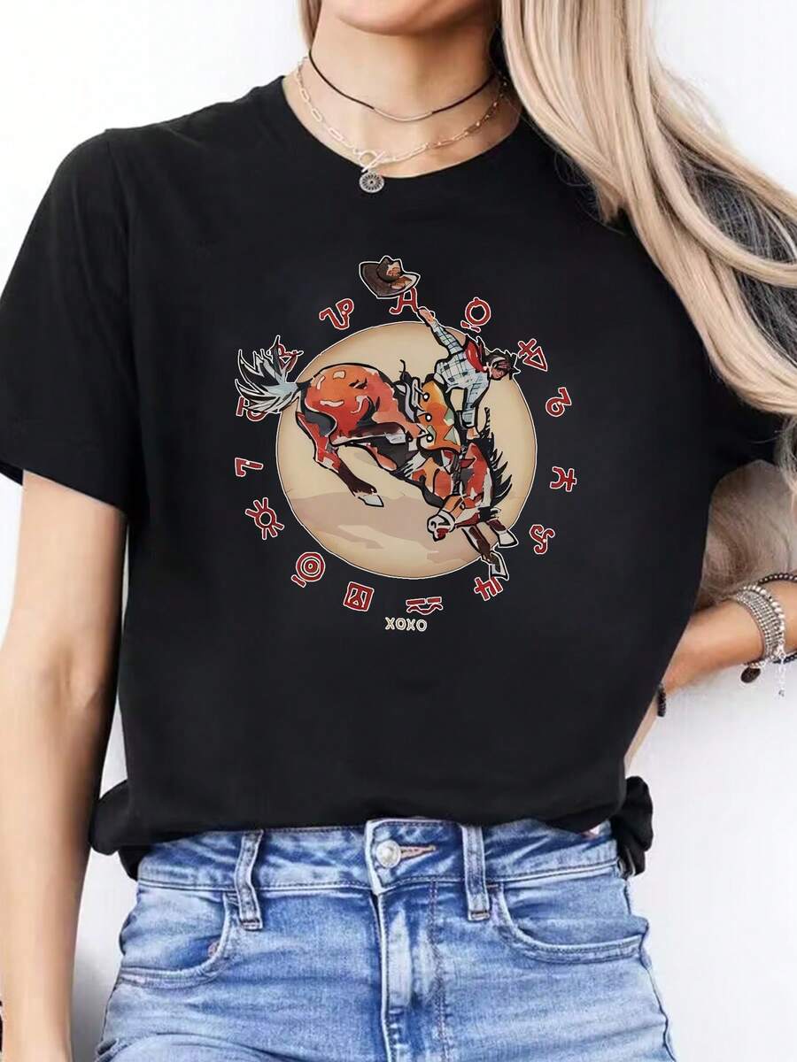 Camiseta casual de primavera/verano con estampado de vaquero, camiseta deportiva de manga corta con cuello redondo, top para mujer. - Negro - Ver 1