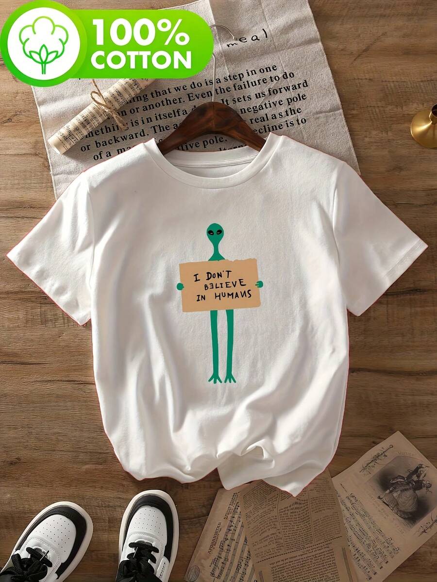 Camiseta con estampado gráfico 100%, camiseta casual de manga corta y cuello redondo, perfecta para verano y primavera, de mujer