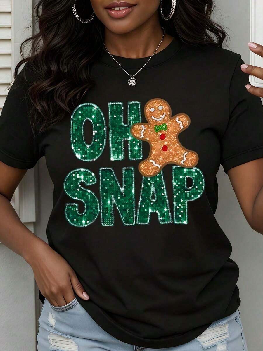 Women's Christmas Themed Crew Neck T-Shirt, Gingerbread Man Print, Casual Holiday Outfit - 黑色 - View 1
