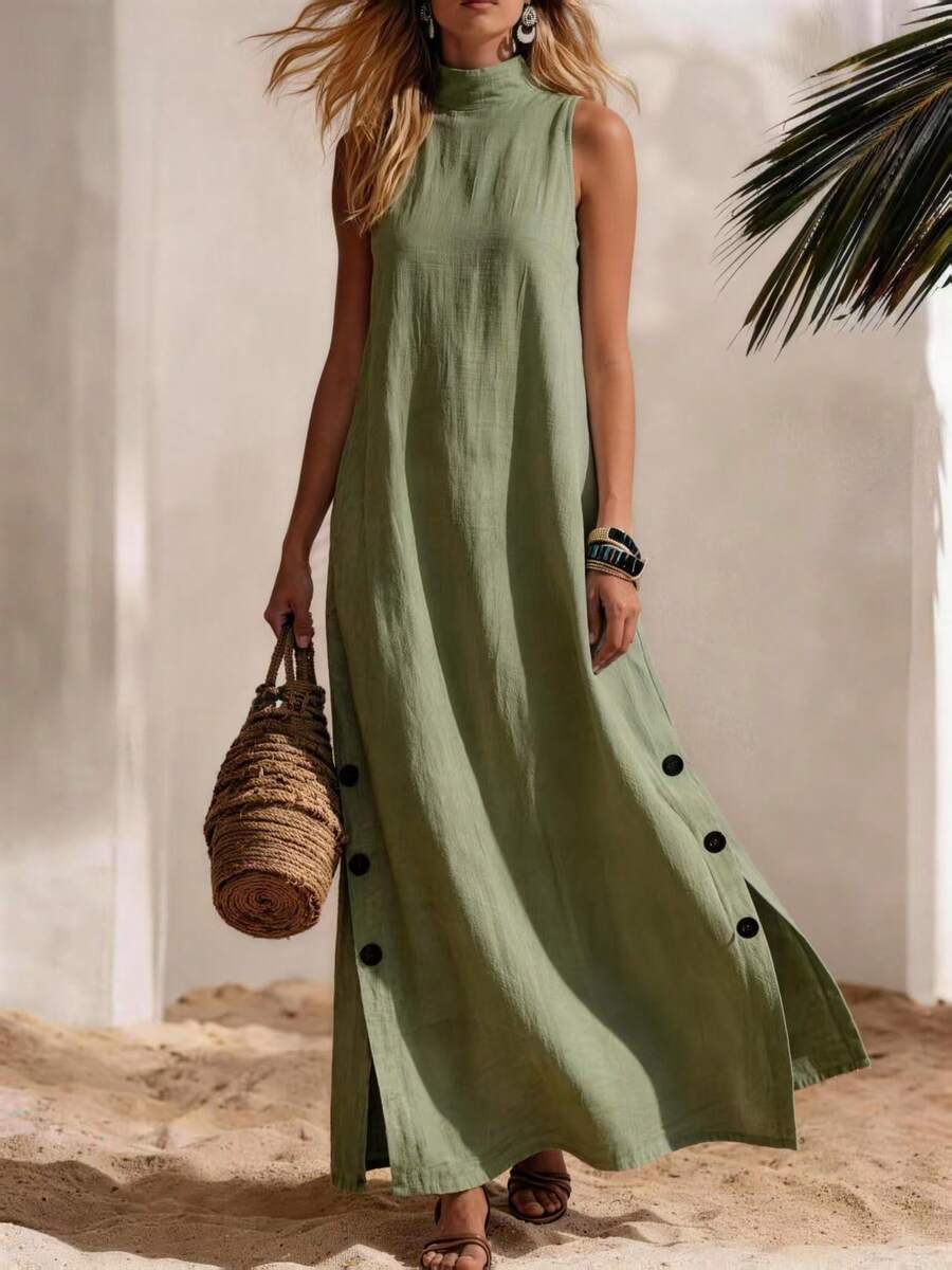 Vestido de Verano 2026 de Nueva Colección para Mujer, Estilo Europeo y Americano, de Lino y Algodón, Color Sólido, Sin Mangas, con Abertura Lateral, de Longitud Media, para Vacaciones en la Playa - Verde militar - Ver 1