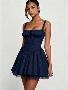 Women's Flower Embroidery Boho Mini Dress Backless Self-Tie Bowknot Square Neck Wide Straps Ruffle Mini Dresses Sleeveless Summer Vacation Short A-Line Dress - F1309-海軍藍 - 查看 3