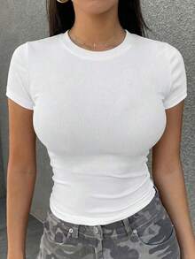 Camiseta casual de manga corta de ajuste ceñido y cuello de mujer, color liso, color negro - Blanco 3 - Ver 7