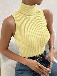 Top de cuello tortuga tejido de canalé - Amarillo claro - Ver 1