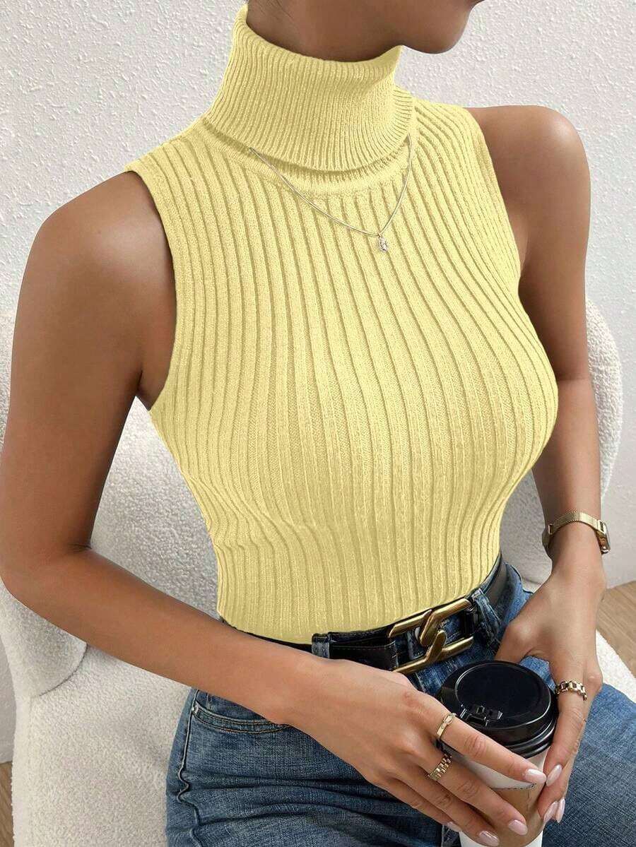 Top de cuello tortuga tejido de canalé - Amarillo claro - Ver 1