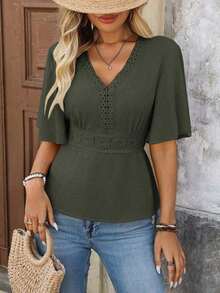 LUNE Blusa de encaje y parches para la cintura, ideal para vacaciones - Verde militar - Ver 3
