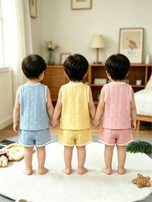 6 Stücke/Set Baby Jungen Sommer Textil Stoff Süßer Bären Muster Rundhals Weste und Shorts lässig Mode Outfit - Blau-Weiß - Übersicht 2