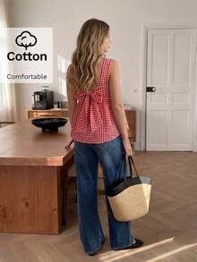 Camisa casual y versátil para uso diario con lazo y estampado de cuadros para mujer - Multicolor - Ver 3