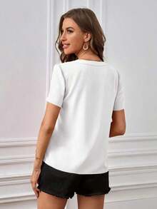 Blusa casual de mujer de unicolor con cuello en V y manga corta - Blanco - Ver 2