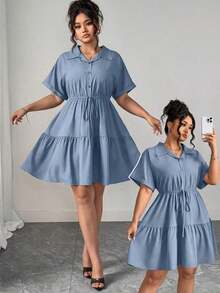 Vestido informal de estilo camisa de talla grande con detalles ricos - Niebla azul - Ver 9