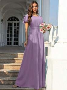 Vestido de dama de honor de gasa con volantes y mangas cortas con volantes, cuello de barco, estilo elegante para boda, color eucalipto - Púrpura polvoriento 2 - Ver 5