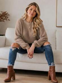 Women's Blouse Puff Sleeve Thick Round Neck Winter Knit - Sand - View 3